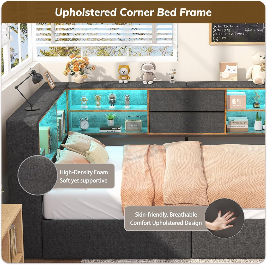 Twin Corner Bed Frame with Storage Bookcase and 4 Drawers, Upholstered Daybed Twin Size with Charging Station & LED Lights, L-Shape Twin Size Bed Frames Metal Platform Bed for Kids Teenagers, Oak Grey