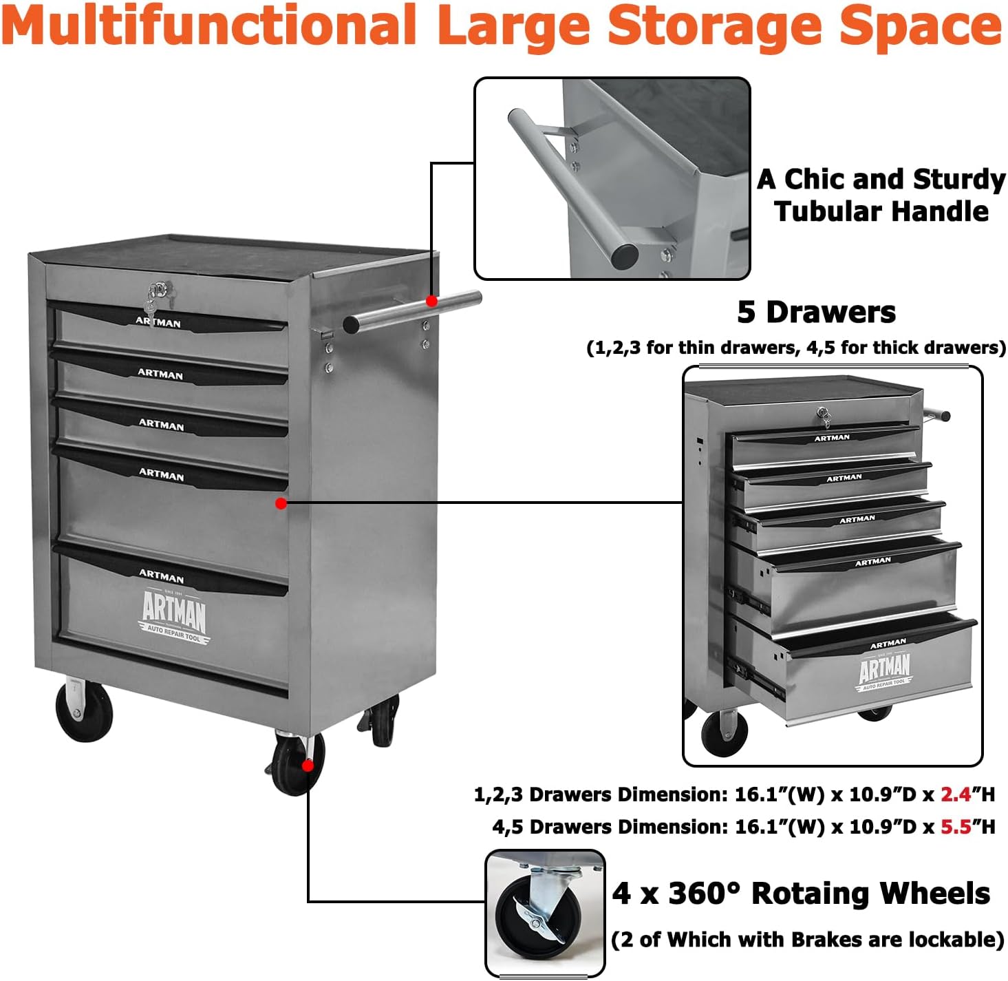 5 Drawer Rolling Tool Cart on Wheels, Multifunctional Mobile Metal Tool Chest, Drawers Rolling Trolley Organizer Tool Box for Repair Shop,Warehouse,Garage,Workshop (5 Drawers-30.5"H-Silver)