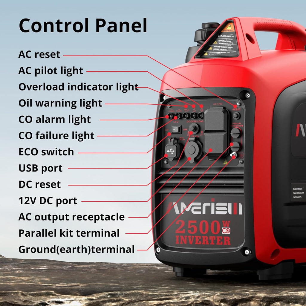 2500-Watt Inverter Generator  Super Quiet & Lightweight Gas Powered Generator  CO Sensor  RV Ready Parallel Capable  Long Run Time for Camping  Tailgating and Home Use