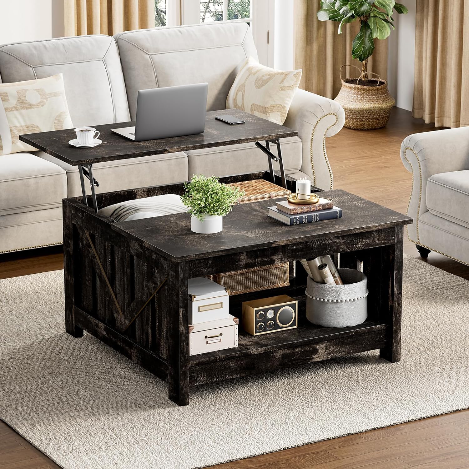 FABATO Lift Top Coffee Table, 31.5" Farmhouse Coffee Tables with Storage, Small Square Cocktail Tables, Wood Central Table for Living Room, Meeting Room, Black Oak