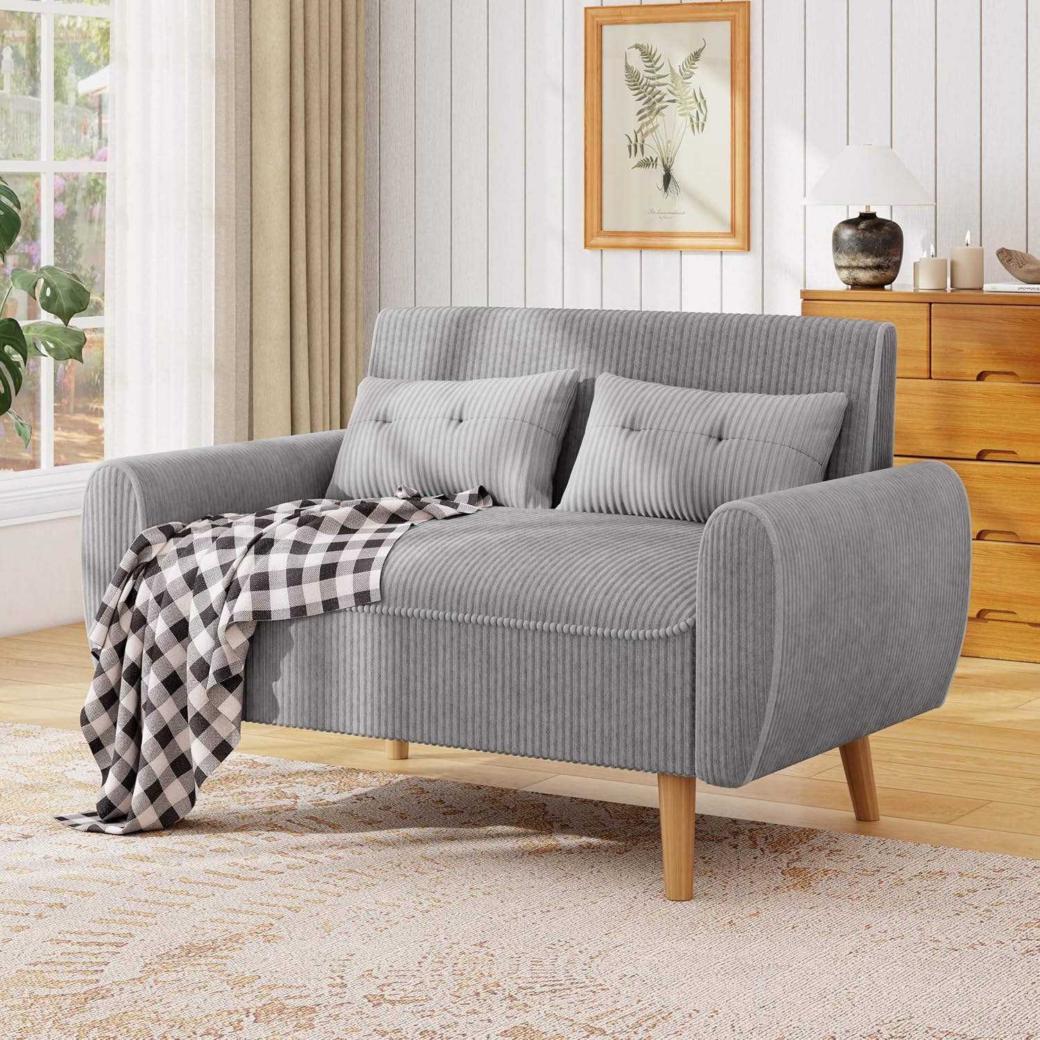 JAMFLY 47'' Small Loveseat Sofa, 2 Seat Compact Couch with Tapered Legs, Light Grey Upholstered Furniture, Solid Wood Frame, Comfy Foam Cushion, Easy Assembly for Small Spaces