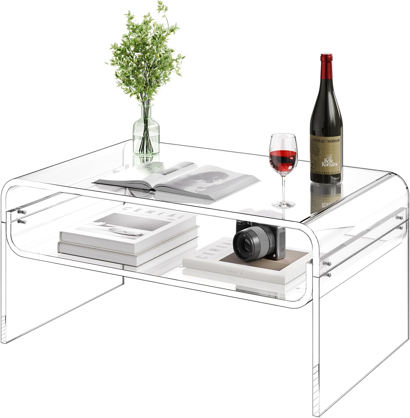 VEVOR Acrylic Coffee Table, Modern Waterfall Center Table with Open Storage Shelf, Clear Rectangle Lucite Desk for Living Room, Office Reception, 31.5" W x 19.7" D x 15" H, Large