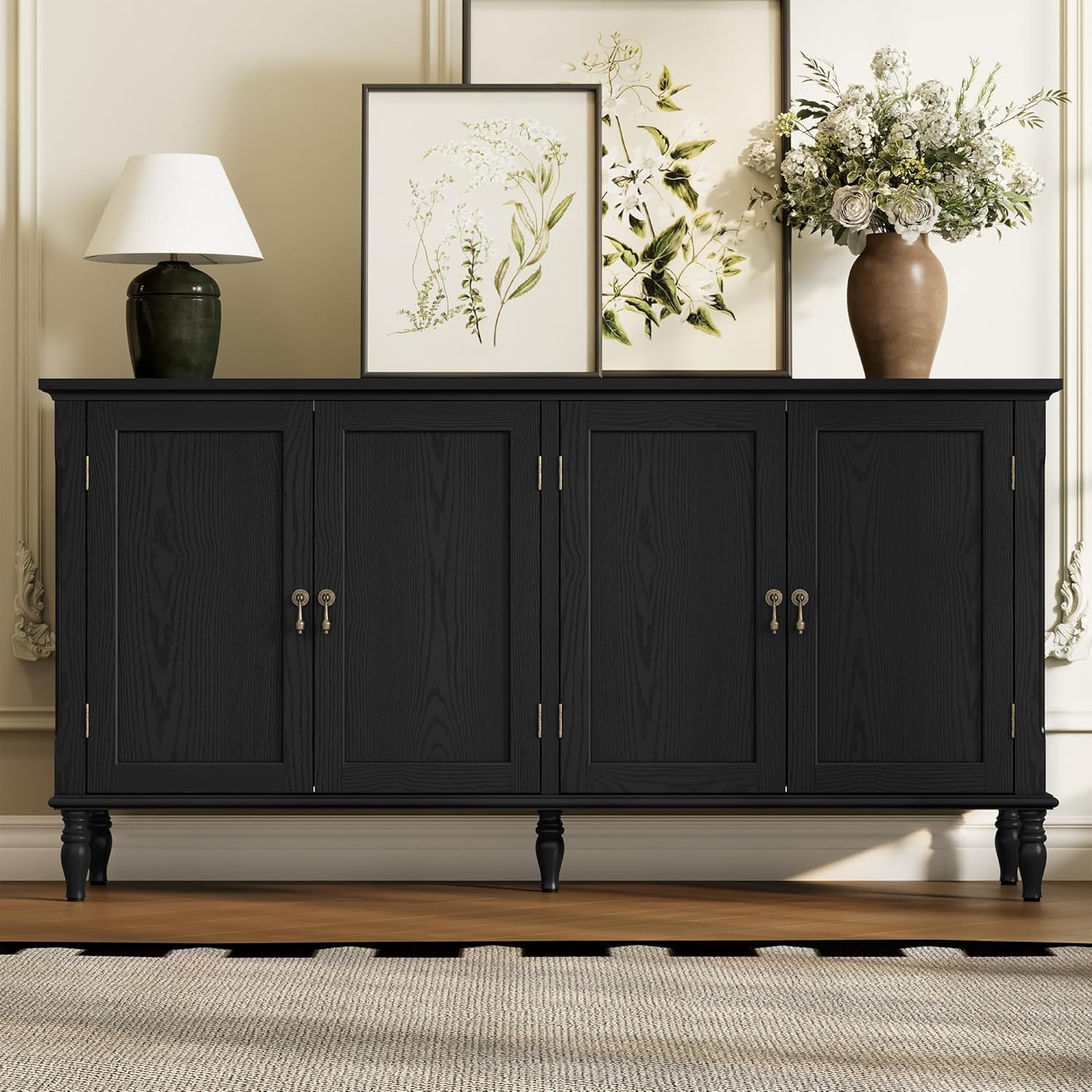 ARTPOWER 58" Sideboard Buffet Cabinet with Storage, Retro Wood Accent Cabinet with 4 Doors, Credenza with Adjustable Shelves for Living Room, Dining Room, Entryway, Black