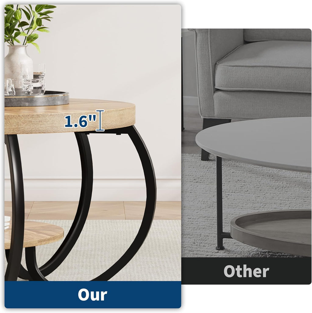 GarveeHome Round Coffee Table 30 in Center Table, 2-Tier Coffee Table Industrial Accent Tables with Adjustable Feet, Living Room Tables with Storage Shelf and Designed Wood Grain, Easy Assemble