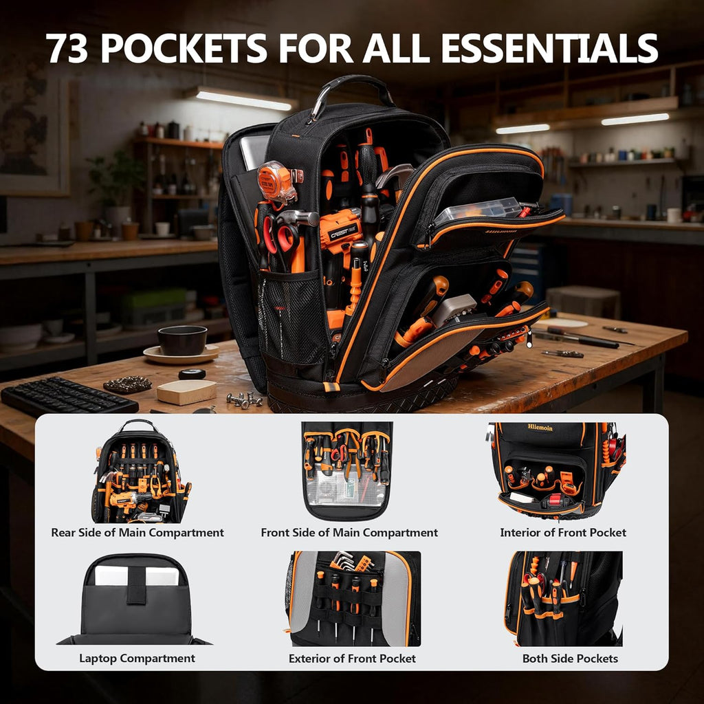 Tool Bag Backpack Heavy Duty 1680D Oxford, 75 Pockets & Loops Electrician Backpack, Large HVAC Tool Bags with Hard Bottom, Construction Work Technician Backpacks with 16’’ Laptop Compartment for Men