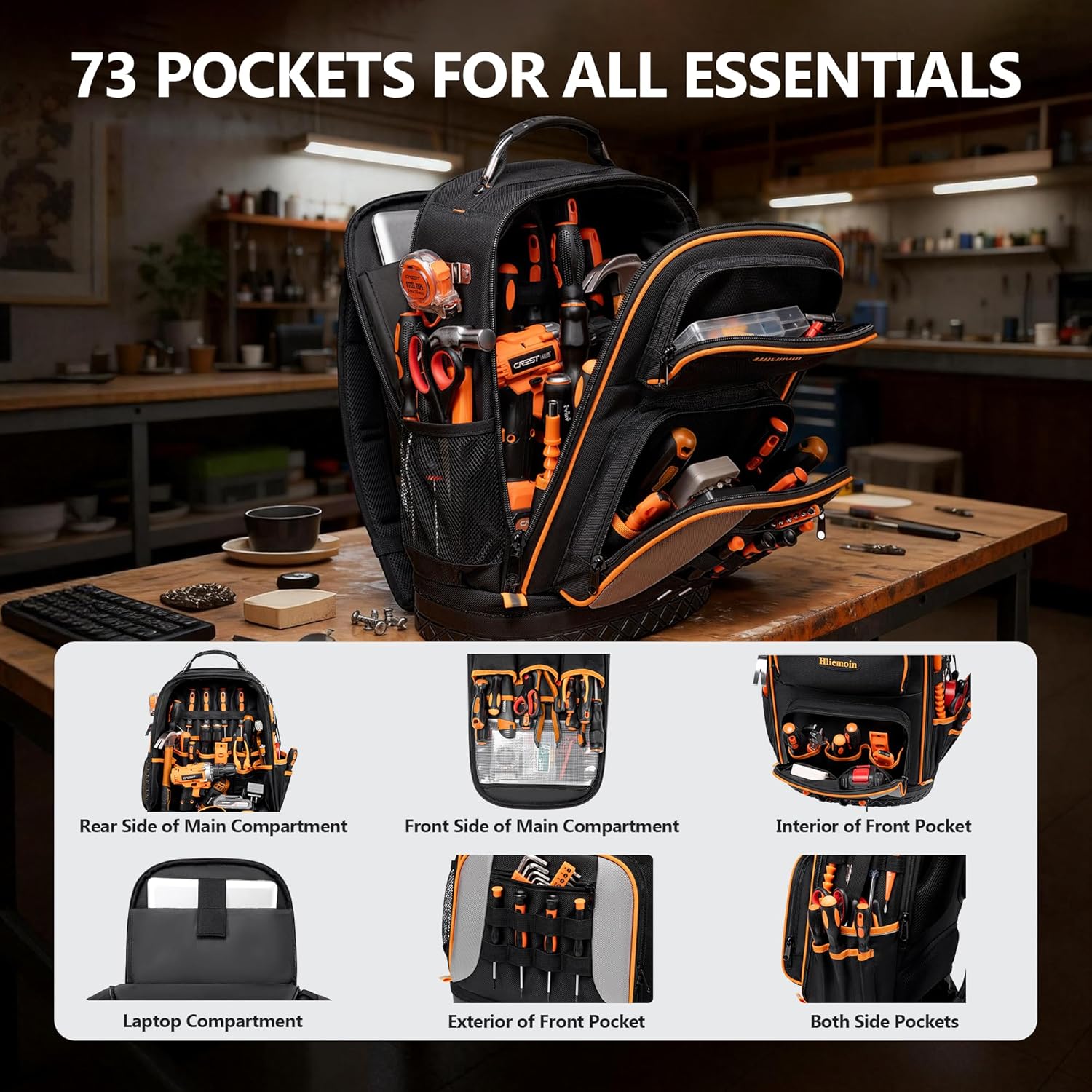 Tool Bag Backpack Heavy Duty 1680D Oxford, 75 Pockets & Loops Electrician Backpack, Large HVAC Tool Bags with Hard Bottom, Construction Work Technician Backpacks with 16’’ Laptop Compartment for Men