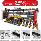 53" Power Tool Organizer Wall Mount with Power Strip, Heavy Duty Metal Tool Shelf, 400lbs Capacity for Cordless Drills, Batteries & Garage Storage (12 Slots with 8 Outlets Power Strip)