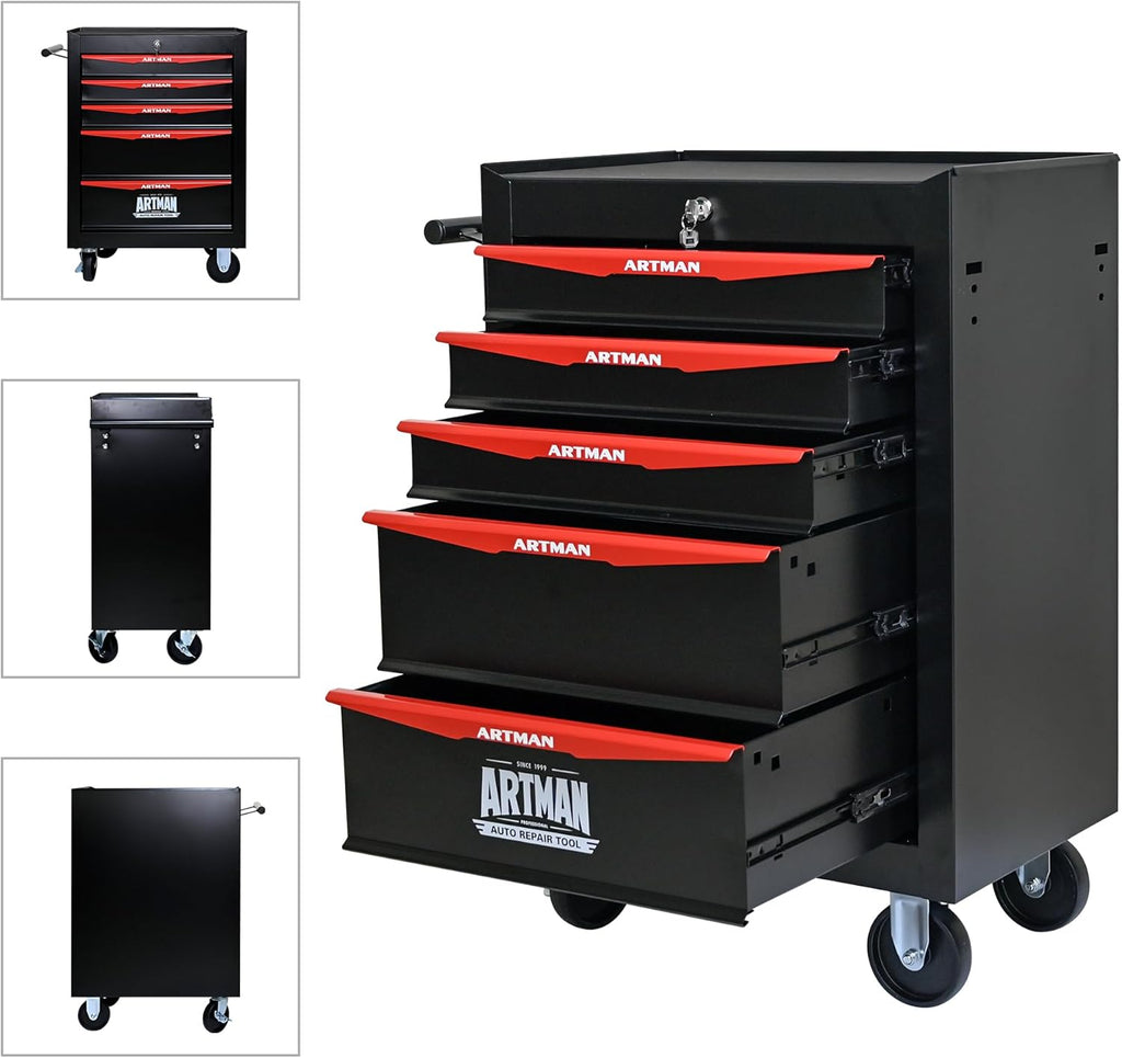 RYH 5 Drawers Rolling Tool Chest - Heavy Duty Mobile Tool Cart with Locking Wheels & Ball Bearing Drawers 30.5" H x 20.9" W x 13" D, Garage Tool Storage Cabinet (Black, 5 Drawers)