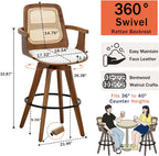 Counter Height Stools Set of 2, 26.3" Seat Height 360° Swivel Stools with Ergonomic Rattan Back, Faux Leather Seat, Bamboo Legs with Walnut Finish, Mid-Century Style (Cream)