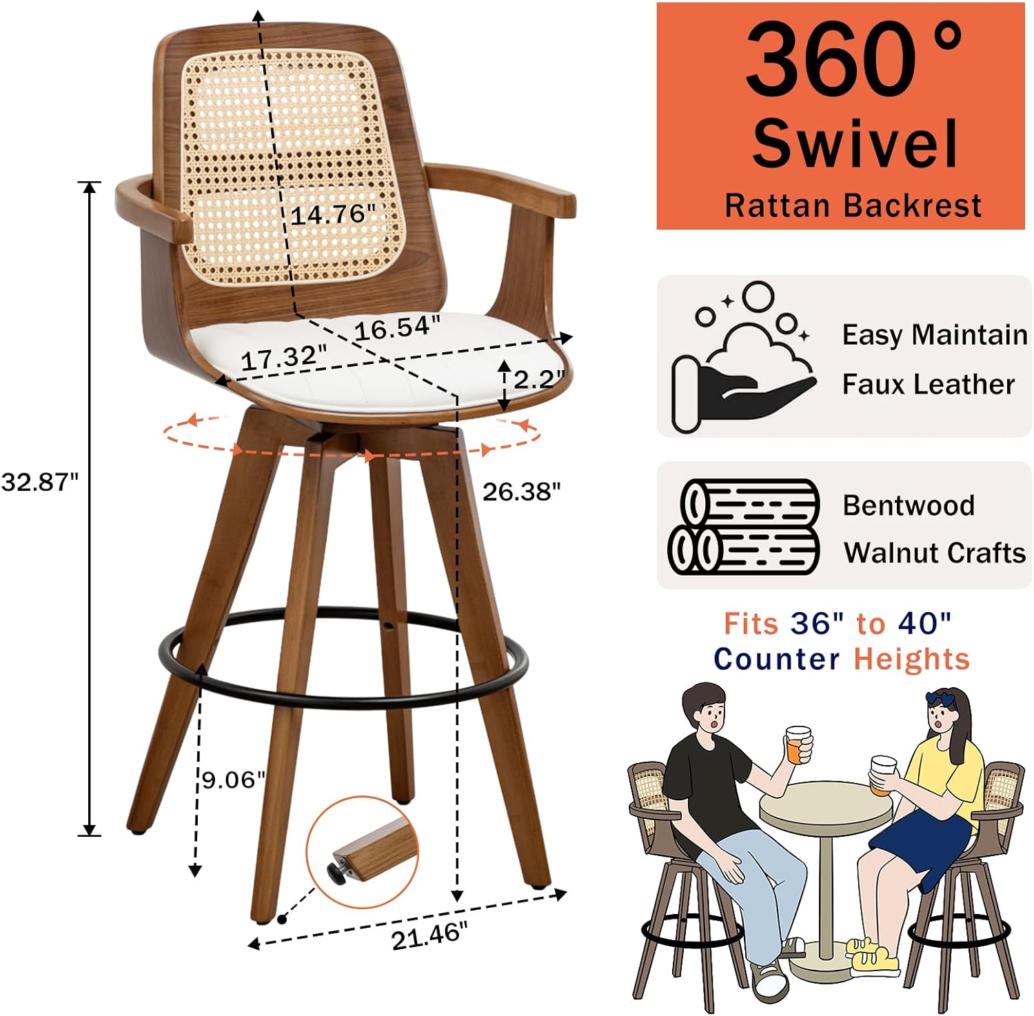 Counter Height Stools Set of 2, 26.3" Seat Height 360° Swivel Stools with Ergonomic Rattan Back, Faux Leather Seat, Bamboo Legs with Walnut Finish, Mid-Century Style (Cream)