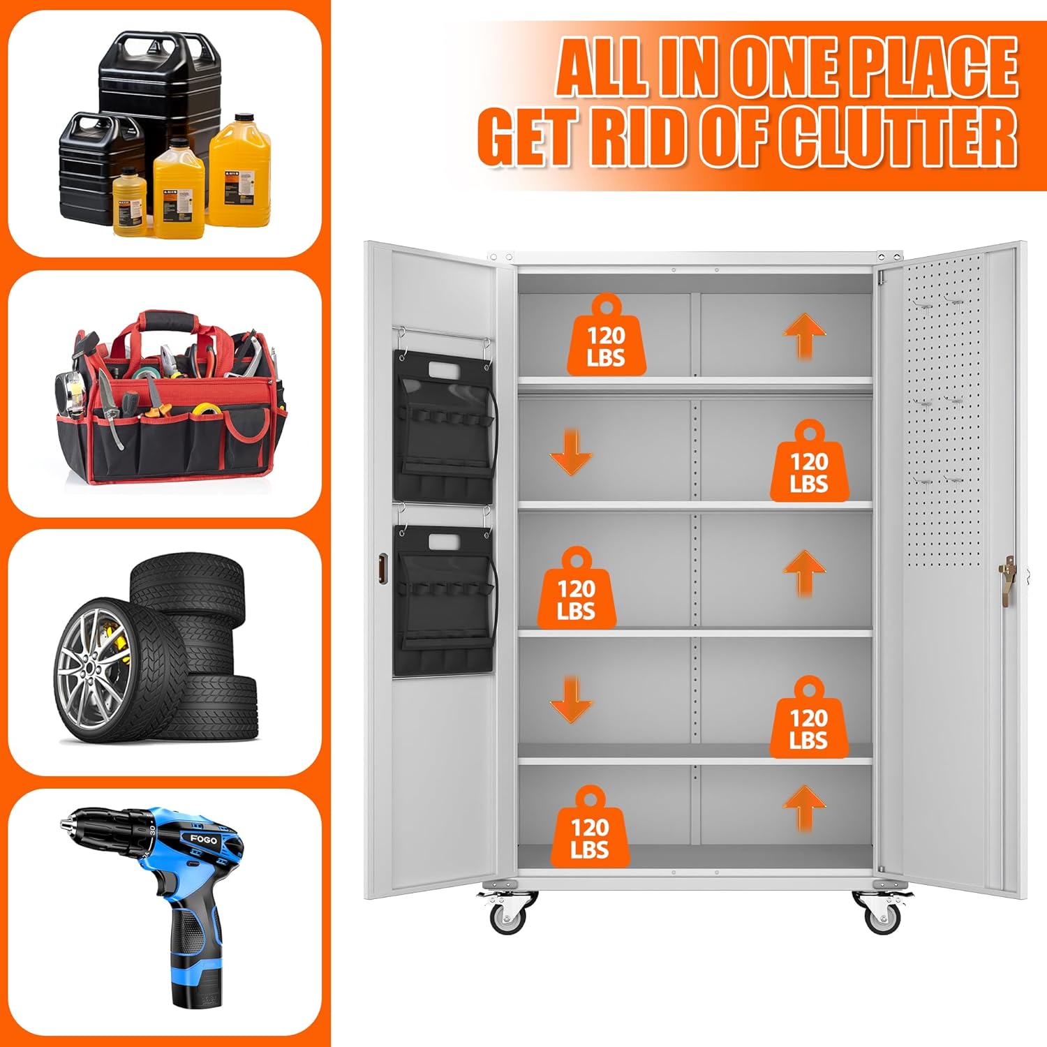 Aobabo Extra Large Garage Storage Cabinet on Wheels, Metal Storage Cabinets with 4 Adjustable Shelves, 3 Pegboards and 2 Tool Pouches for Home Office Stash, Assembly Required