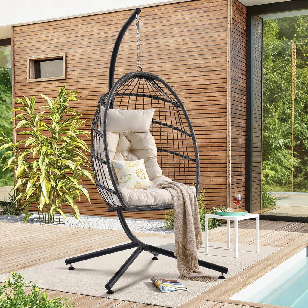 Hanging Egg Chair with Stand, Foldable Wicker Porch Swing Chair Outdoor Indoor, Heavy Duty Rattan Hammock Chairs with Cushion Headrest, Bedroom Balcony Patio Lounge Furniture, 350LBS (Beige)