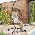 Hanging Egg Chair with Stand, Foldable Wicker Porch Swing Chair Outdoor Indoor, Heavy Duty Rattan Hammock Chairs with Cushion Headrest, Bedroom Balcony Patio Lounge Furniture, 350LBS (Beige)