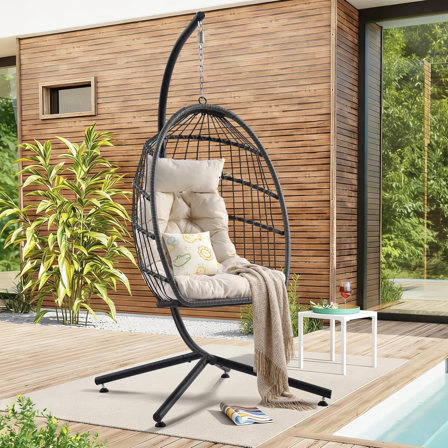 Hanging Egg Chair with Stand, Foldable Wicker Porch Swing Chair Outdoor Indoor, Heavy Duty Rattan Hammock Chairs with Cushion Headrest, Bedroom Balcony Patio Lounge Furniture, 350LBS (Beige)