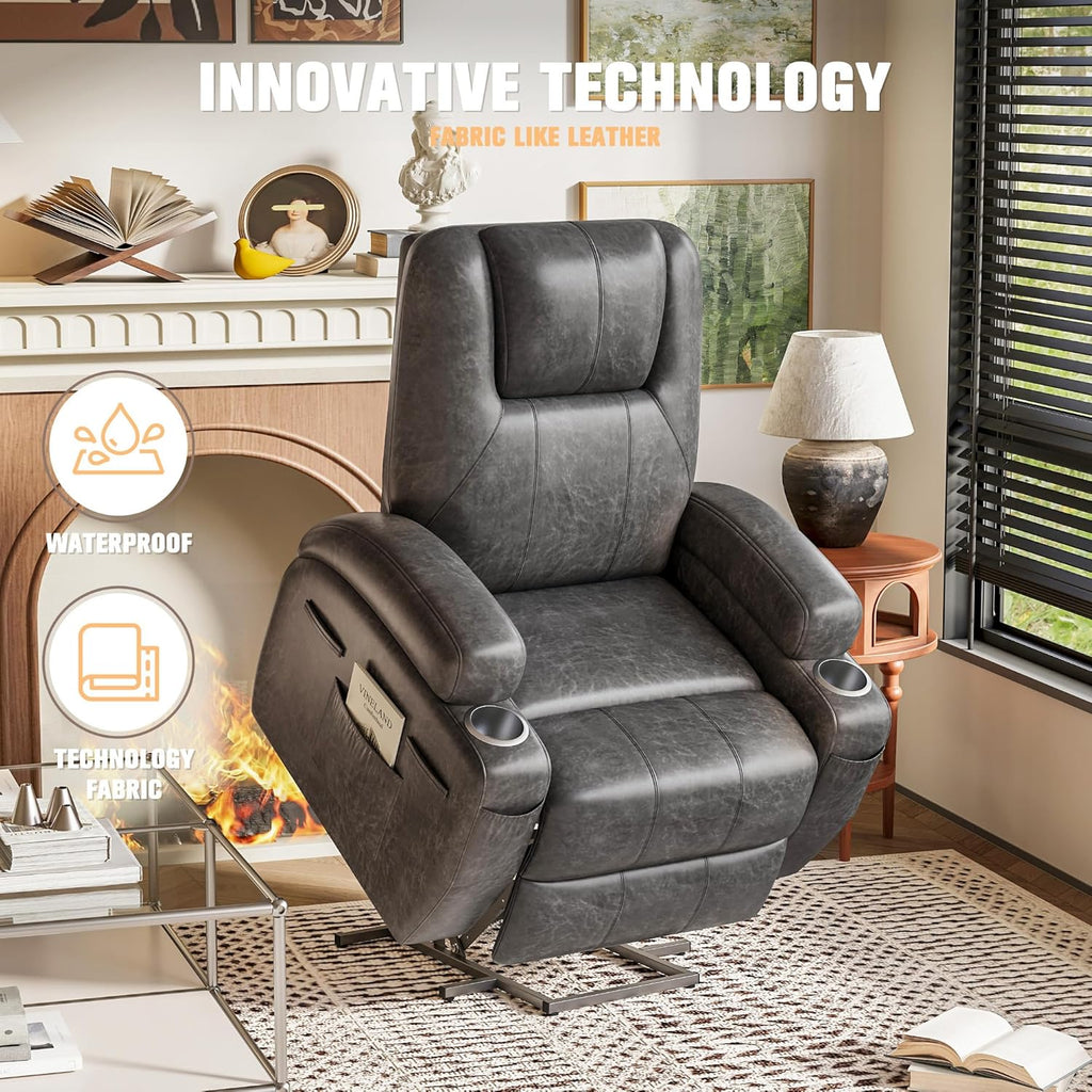 Flamaker Power Lift Recliner Chair Electric Lift Recliner for Elderly Power Lift Recliner Chair with Cup Holders Side Pockets for Living Room (Leathaire, Light Black)