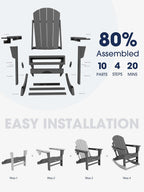 KINGYES Adirondack Rocking Chair with Retractable Ottoman and Cup Holders, HDPE Adirondack Rocker Patio Rocking Chair for Porch, Patio, Balcony, Leaden Grey