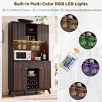 OKD 72" Tall Fluted Coffee Bar Cabinet with Ample Storage, Modern Buffet Sideboard with Glass Holder/Wine Rack/Led Lights/Charging Station, Wine Cabinet for Kitchen, Dining Room, Home Bar, Dark Walnut