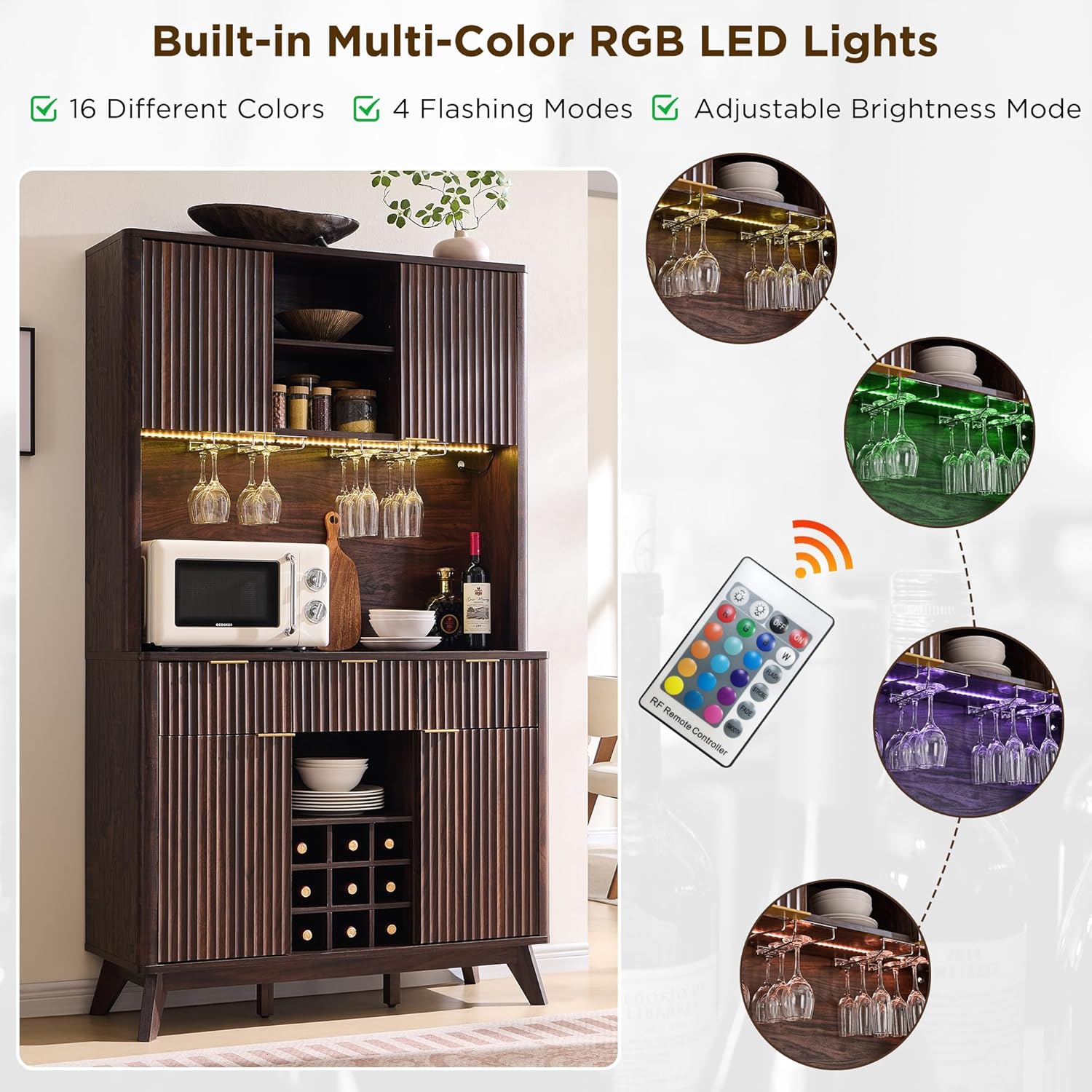 OKD 72" Tall Fluted Coffee Bar Cabinet with Ample Storage, Modern Buffet Sideboard with Glass Holder/Wine Rack/Led Lights/Charging Station, Wine Cabinet for Kitchen, Dining Room, Home Bar, Dark Walnut