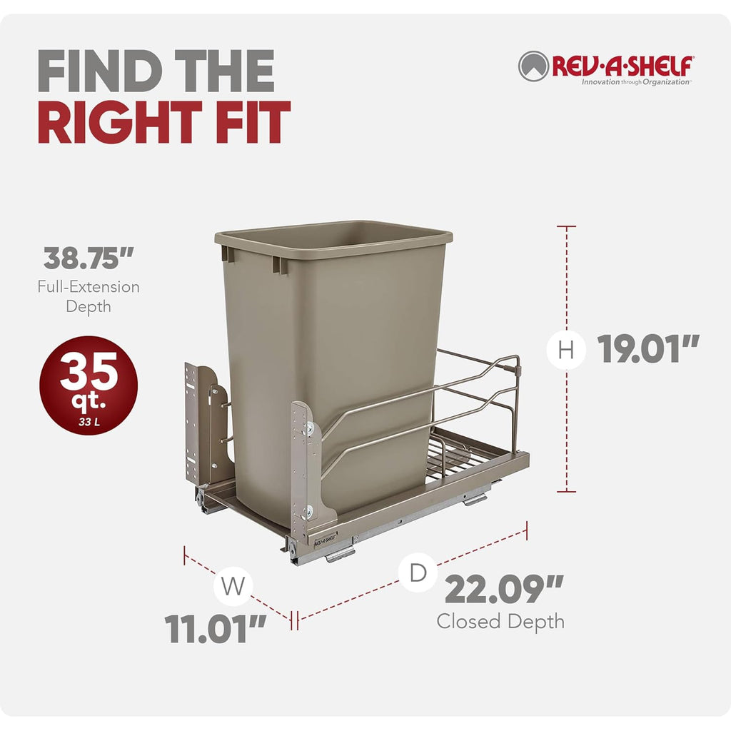 Rev-A-Shelf Pullout Trash Can for Under Kitchen Cabinets 35 Quart 8.75 Gallon with Soft-Close Slides and Rear Storage, Champagne, 53WC-1535SCDM-112