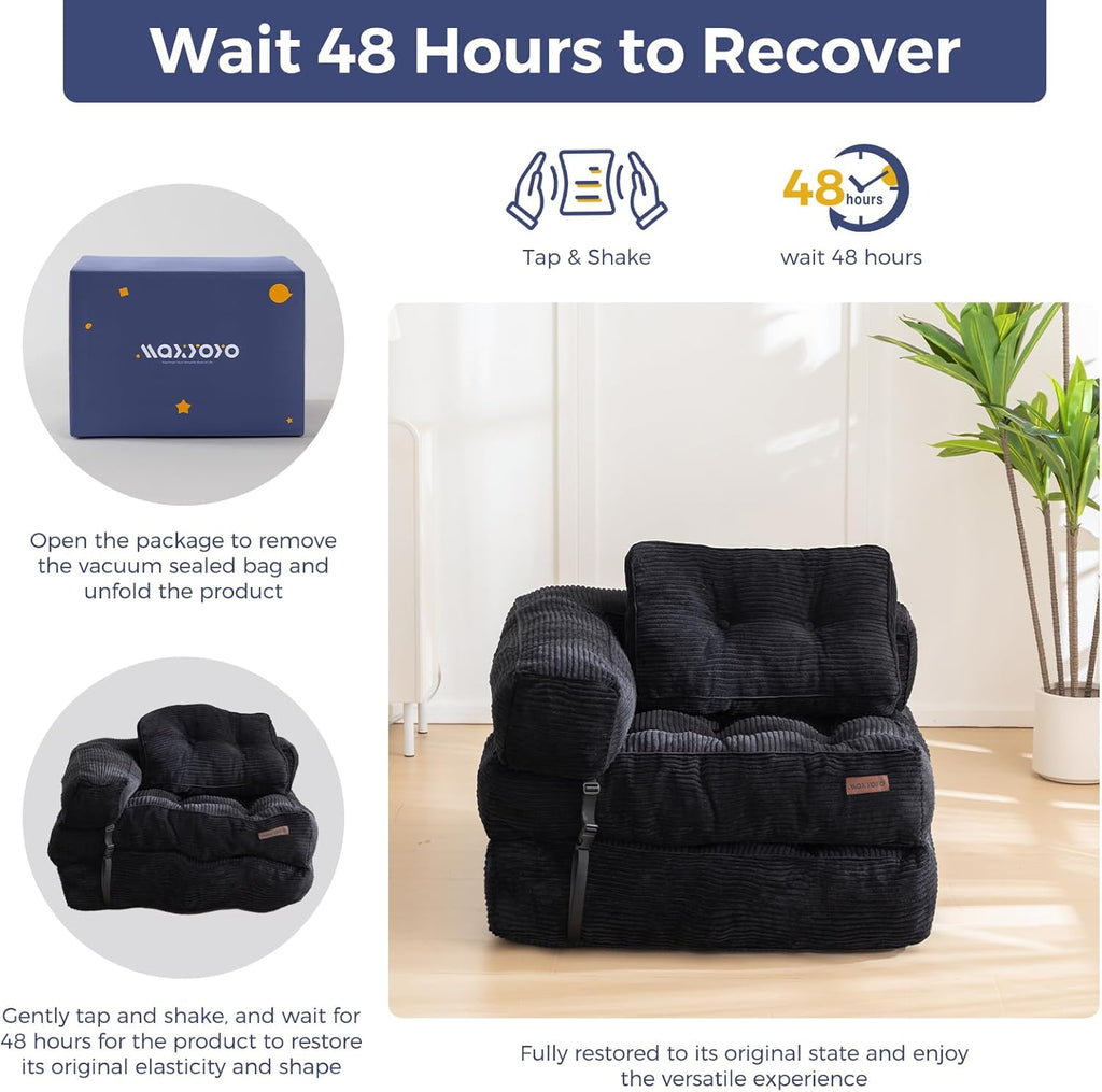 MAXYOYO Folding Sofa Bed, L-Shaped Convertible Sofa with Armrest Foldable Sleeper Bed with Pillow, Portable Fold Out Chair Comfy Floor Lounge for Living Room Bedroom, Black