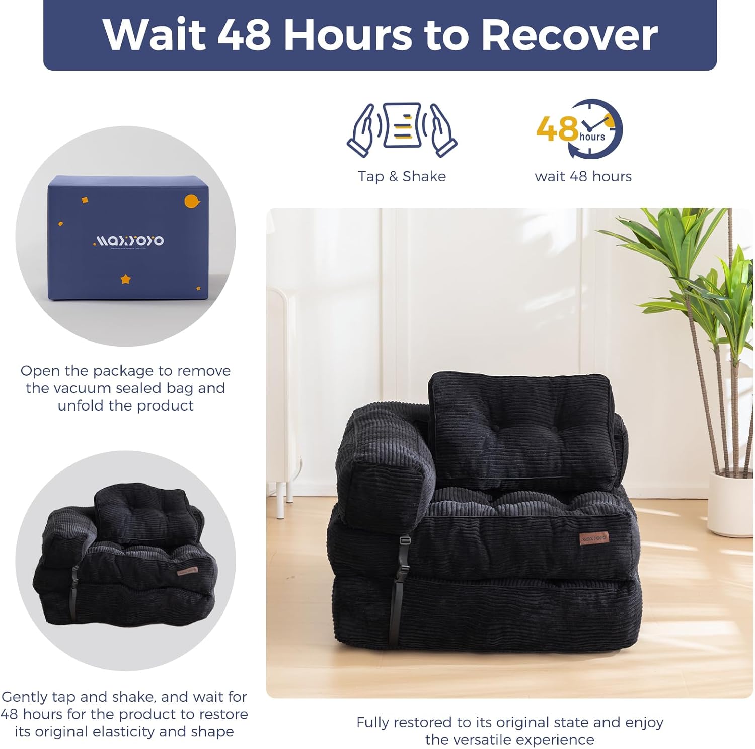 MAXYOYO Folding Sofa Bed, L-Shaped Convertible Sofa with Armrest Foldable Sleeper Bed with Pillow, Portable Fold Out Chair Comfy Floor Lounge for Living Room Bedroom, Black