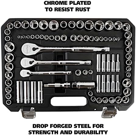 GreatNeck 82-Pc Mechanic Tool Set, SAE & Metric Socket and Ratchet Set, Mechanic Gifts, Tool Box with Tools, 1/4", 3/8", 1/2" Drive, Durable Storage Case