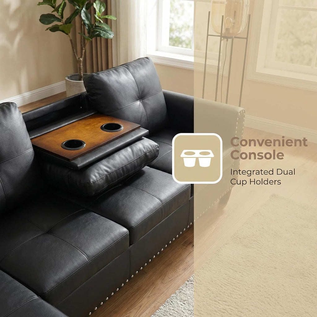 Leather 3-Piece L-Shaped Couches for Living Room, Sectional Sofa with Storage Ottoman & Movable Chaise, Modular Convertible Couch for Bedroom & Apartment, Deep Black