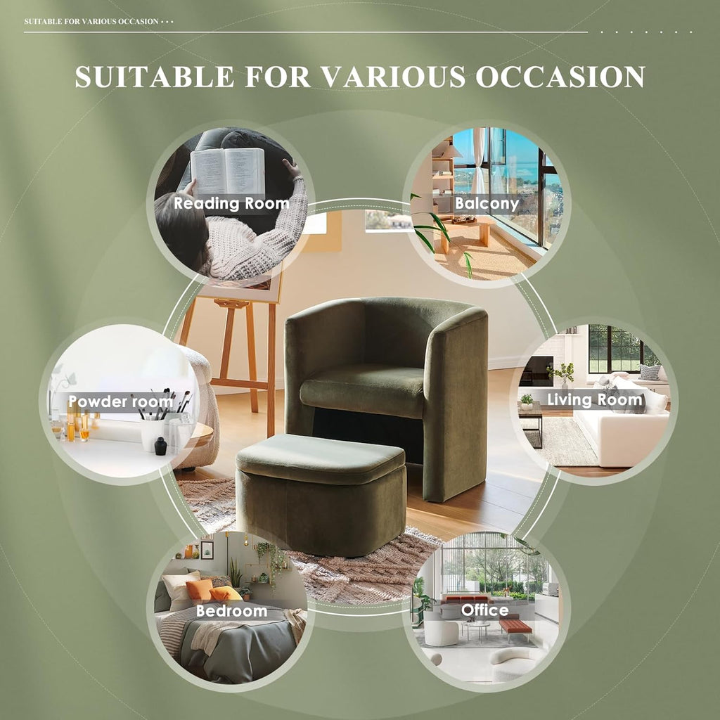 COLAMY Velvet Morden Living Room Chair with Storage Ottoman, Barrel Accent Chair with Lounge Seat for Bedroom/Reading Spaces, Green, Rubberwood, Sponge Foam, Velvet
