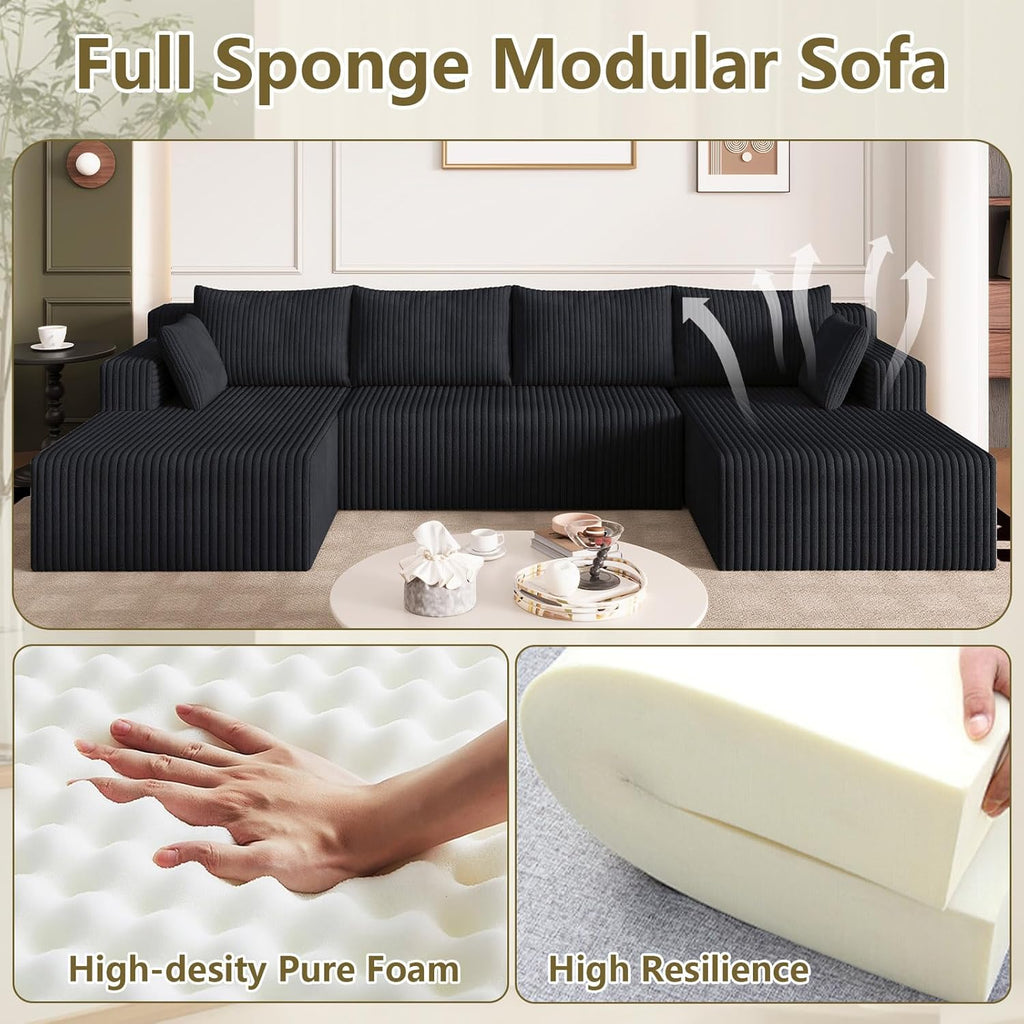 124" Modular Sectional Sofa, Modern Corduroy Cloud Couch with Deep Seat, Boneless Couch Upholstered 4-Seater U-Shaped Sofa for Living Room, No Assembly Required (Black)