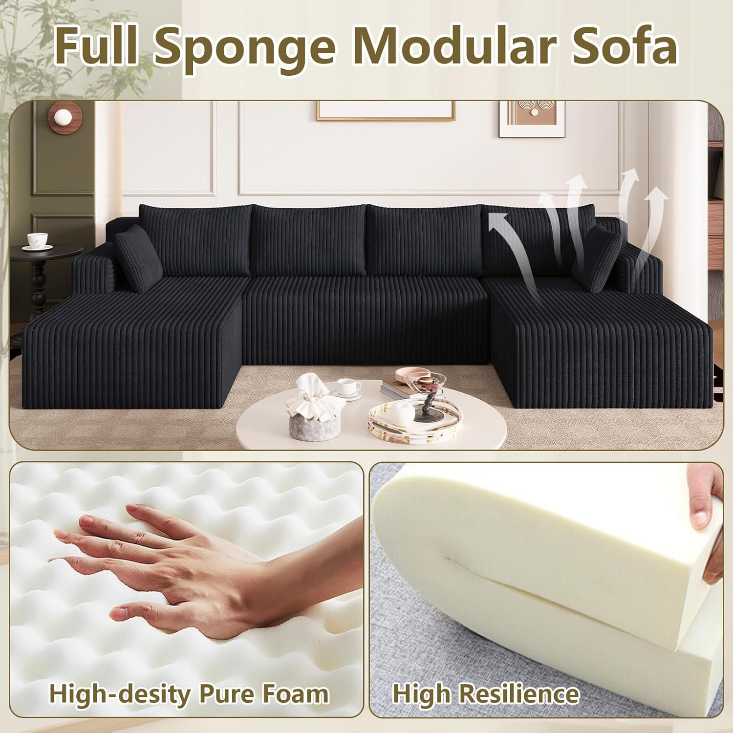 124" Modular Sectional Sofa, Modern Corduroy Cloud Couch with Deep Seat, Boneless Couch Upholstered 4-Seater U-Shaped Sofa for Living Room, No Assembly Required (Black)