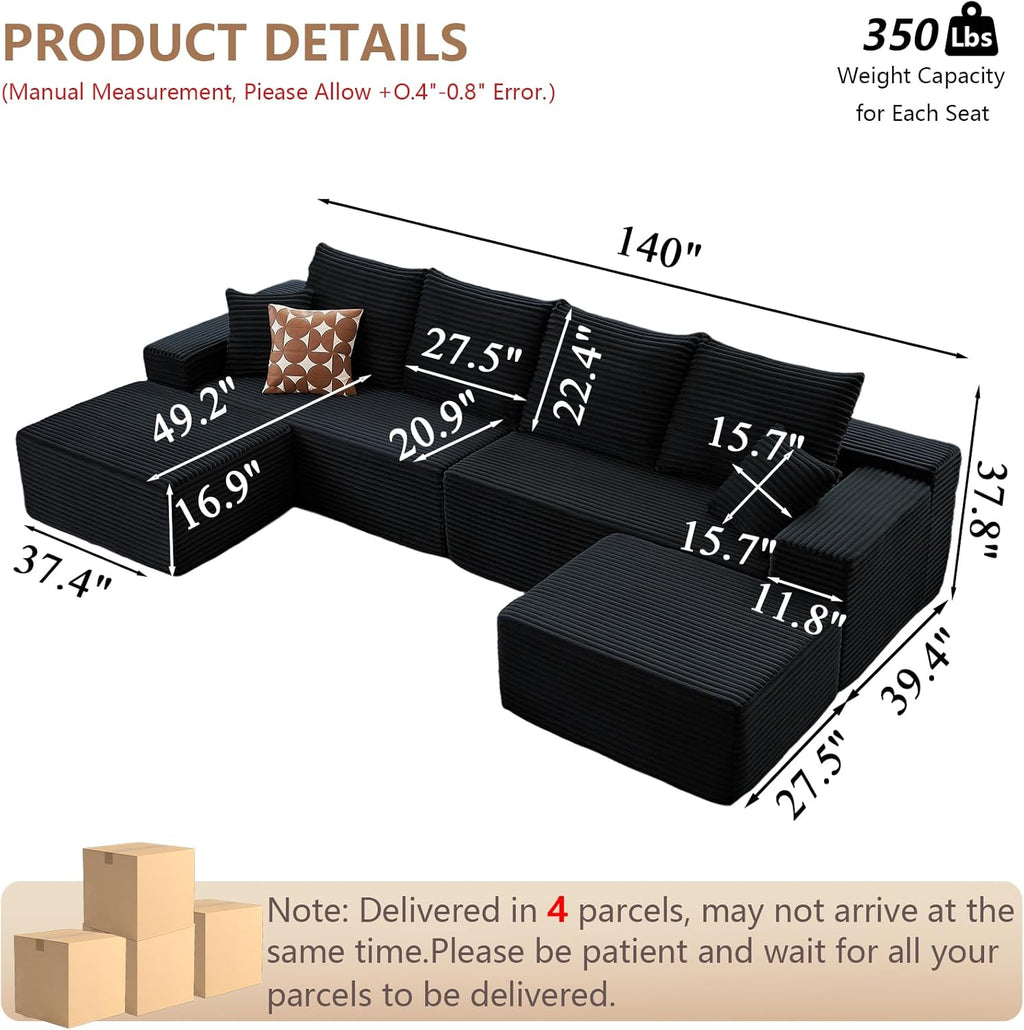 140" Modular Sectional Sofa with 2 Ottomans, Modern Corduroy Cloud Couch with Deep Seat, Boneless Couch Upholstered 4-Seater U-Shaped Sofa for Living Room, No Assembly Required (Black,2 Ottomans)