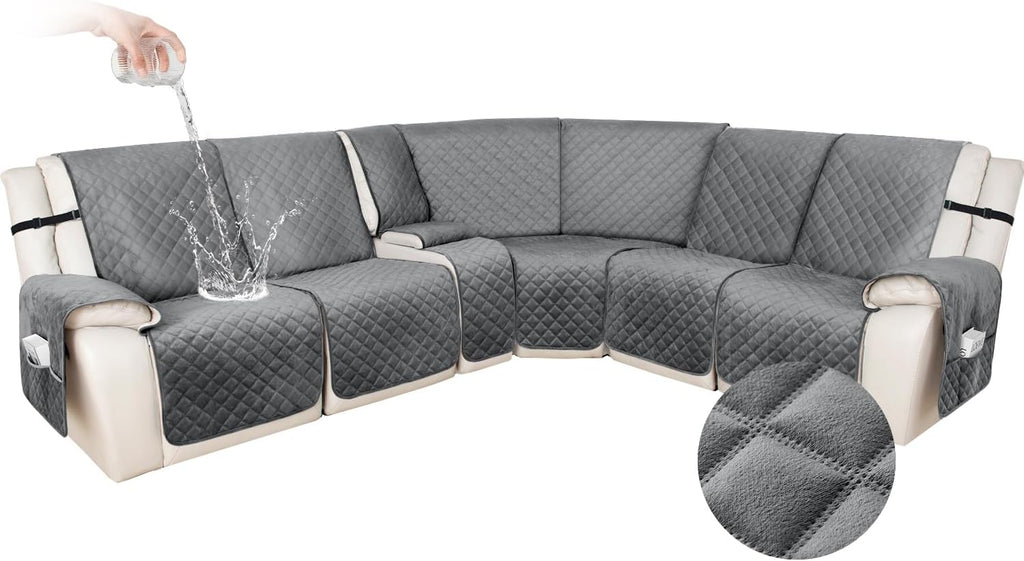 HDCAXKJ 100% Waterproof Velvet Recliner Sectional Couch Covers L Shaped Corner Reclining Sofa Cover Washable Thick Non Slip Sectional Slipcover with Pockets (5 Seat and 1 Middle Console, Grey)