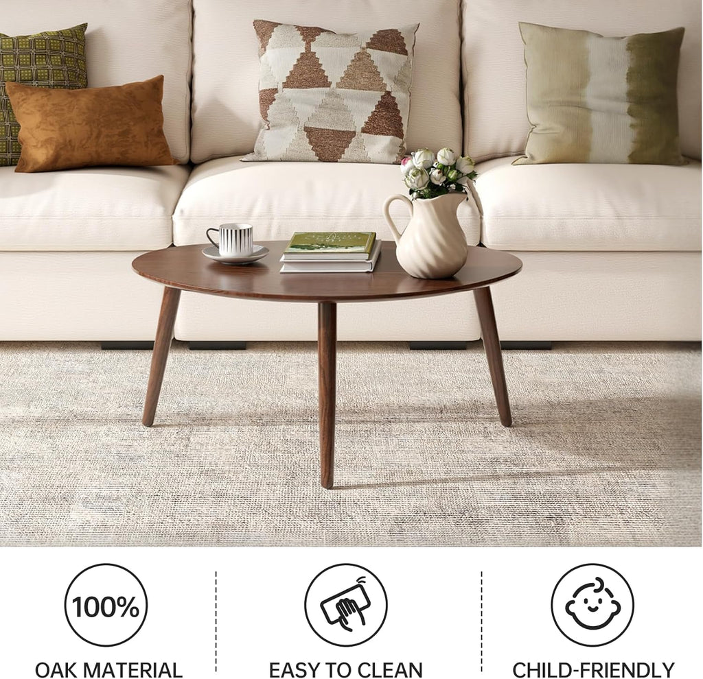Small Oval Coffee Table, Mid Century Modern Coffee Table for Living Room, 100% Solid Oak Wood Side Table End Tables for Home (Walnut Wood Color, 33.46''x22.83''x15.74'')