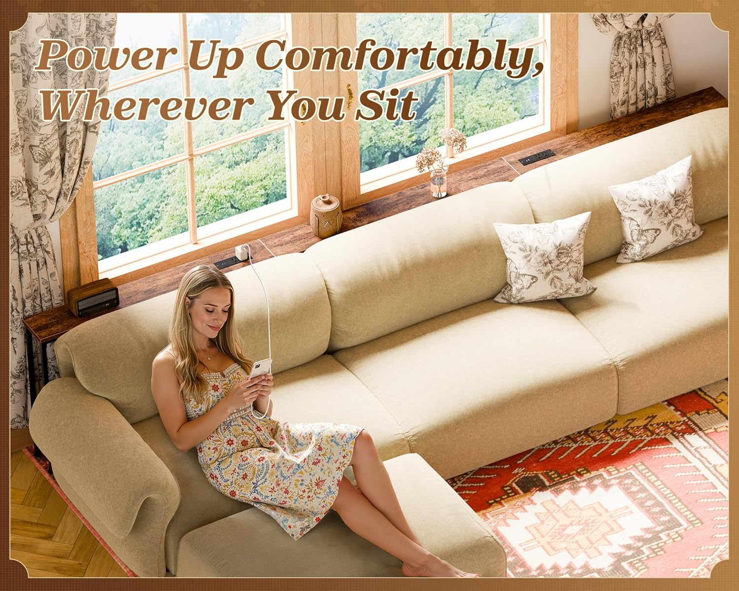 SUPERJARE 110.2 Inch Sofa Table with 2 Power Outlets and USB-C Port, 5.9 Inch Narrow Console Table with Storage, Extra-Long, for Entryway Hallway Couch Behind Sofa, Small Spaces, Rustic Brown