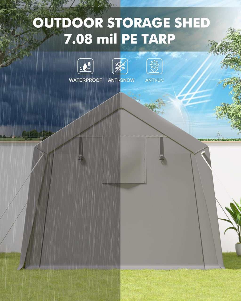GarveeHome 6 x 6 Ft Carport Storage Shed, Portable Garage with Roll-Up Zipper Door, Heavy Duty Waterproof Tarp, Storage for Motorcycle, Bike, Firewood, Garden Tools, Grey