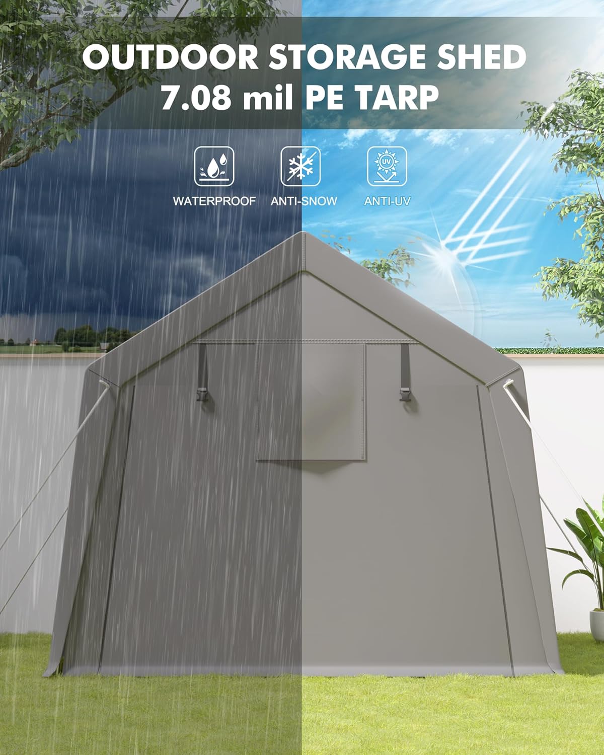GarveeHome 6 x 6 Ft Carport Storage Shed, Portable Garage with Roll-Up Zipper Door, Heavy Duty Waterproof Tarp, Storage for Motorcycle, Bike, Firewood, Garden Tools, Grey