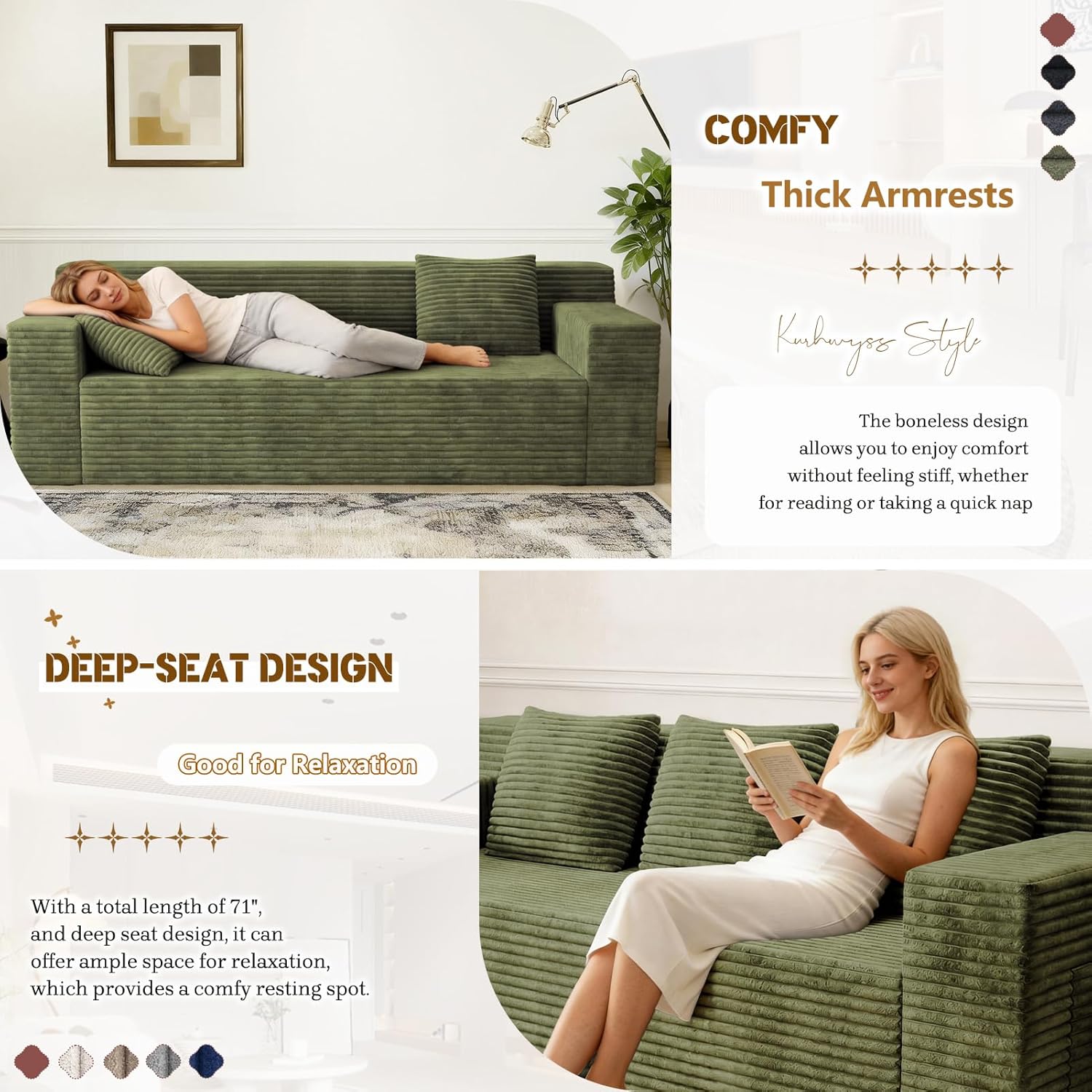 Kurhwyss 71" Corduroy Living Room Sofa, 3 Setaser Deep Seat Couch with 3 Lumbar Pillows, Comfy Boneless Sofa Modern Compressed Couch for Bedroom, Office, Apartment, No Assembly, Flat Armrests (Green)