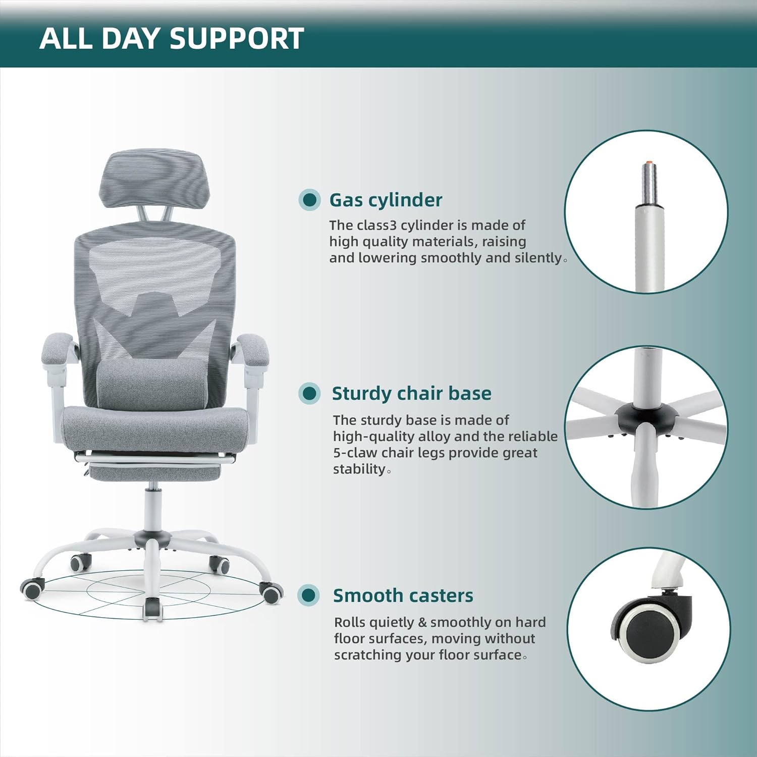 DUMOS Office Desk Computer Chair with Footrest, Ergonomic Mesh Swivel Gaming Chair with Rolling Wheels, Comfortable Headrest, Lumbar Support, Comfy for Home, Office, Task, Student, Elegant Grey