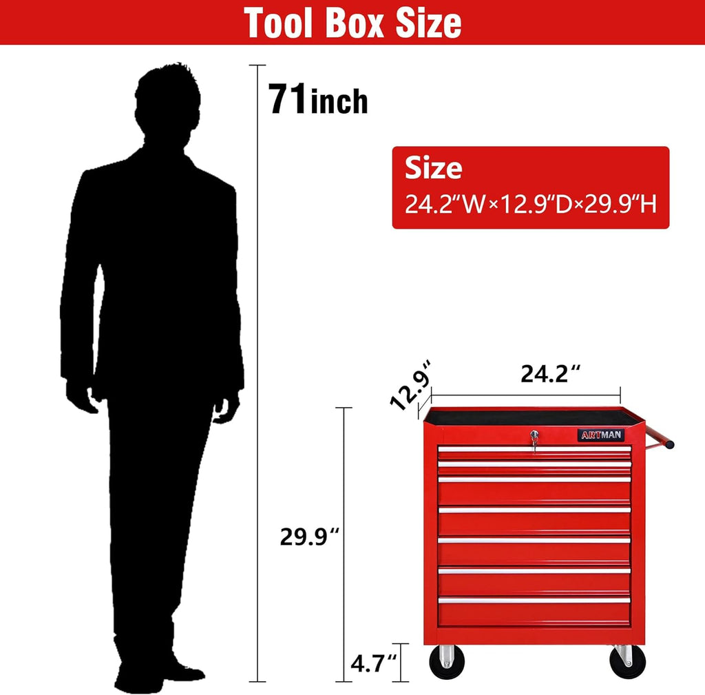 7 Drawers Rolling Tool Cart on Wheels, Multifunctional Organizer Tool Chest Tool Case, Trolley Tool Storage Tool Box for Workshop,Garage,Repair Shop (7 Drawers 24.2" W×12.9" D×29.9" H-Red)