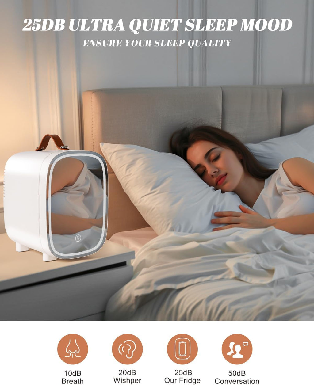 Mini Fridge for Bedroom, 4 Liter/6 Can Skincare Fridge With LED Mirror & Leather Carrying Handle,12v AC/DC Cooler & Warmer Portable Small Refrigerator for Drinks, Makeup, Dorm, Office and Car(White)
