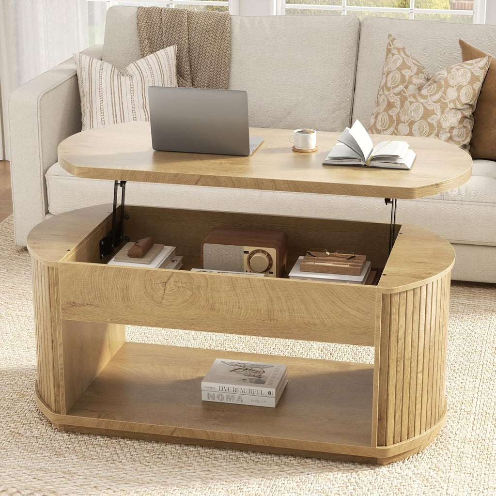 FABATO Oval Lift Top Coffee Table with Storage, Mid Century Modern Coffee Table for Living Room, 2 Tier Center Table with Lift-Top, 41.7" Fluted Wood Table for Reception Room, Home Office, Wood