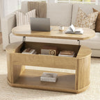 FABATO Oval Lift Top Coffee Table with Storage, Mid Century Modern Coffee Table for Living Room, 2 Tier Center Table with Lift-Top, 41.7" Fluted Wood Table for Reception Room, Home Office, Wood