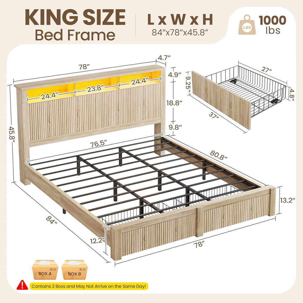 CypBed King Size Bed Frame with 2 Storage Drawers, Charging Port & LED Light, Wood King Bed Frame and 2-Tier Headboard,Farmhouse Wavy Design, Metal Platform, Noise-Free, No Box Spring Needed, Wood