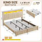 CypBed King Size Bed Frame with 2 Storage Drawers, Charging Port & LED Light, Wood King Bed Frame and 2-Tier Headboard,Farmhouse Wavy Design, Metal Platform, Noise-Free, No Box Spring Needed, Wood