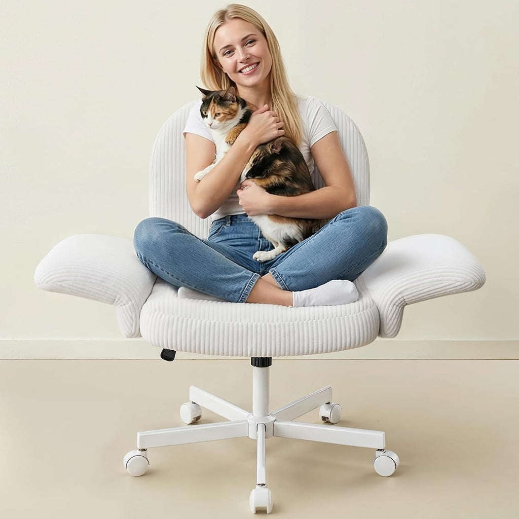 HUANUO Vanity Chair with 6-Position Adjustable Armrests, Criss Cross Chair with Wide Cushion, Soft Corduroy Fabric, 90°-105° Recline, Pet-Friendly, Perfect for Makeup Bedroom, Home Office, White