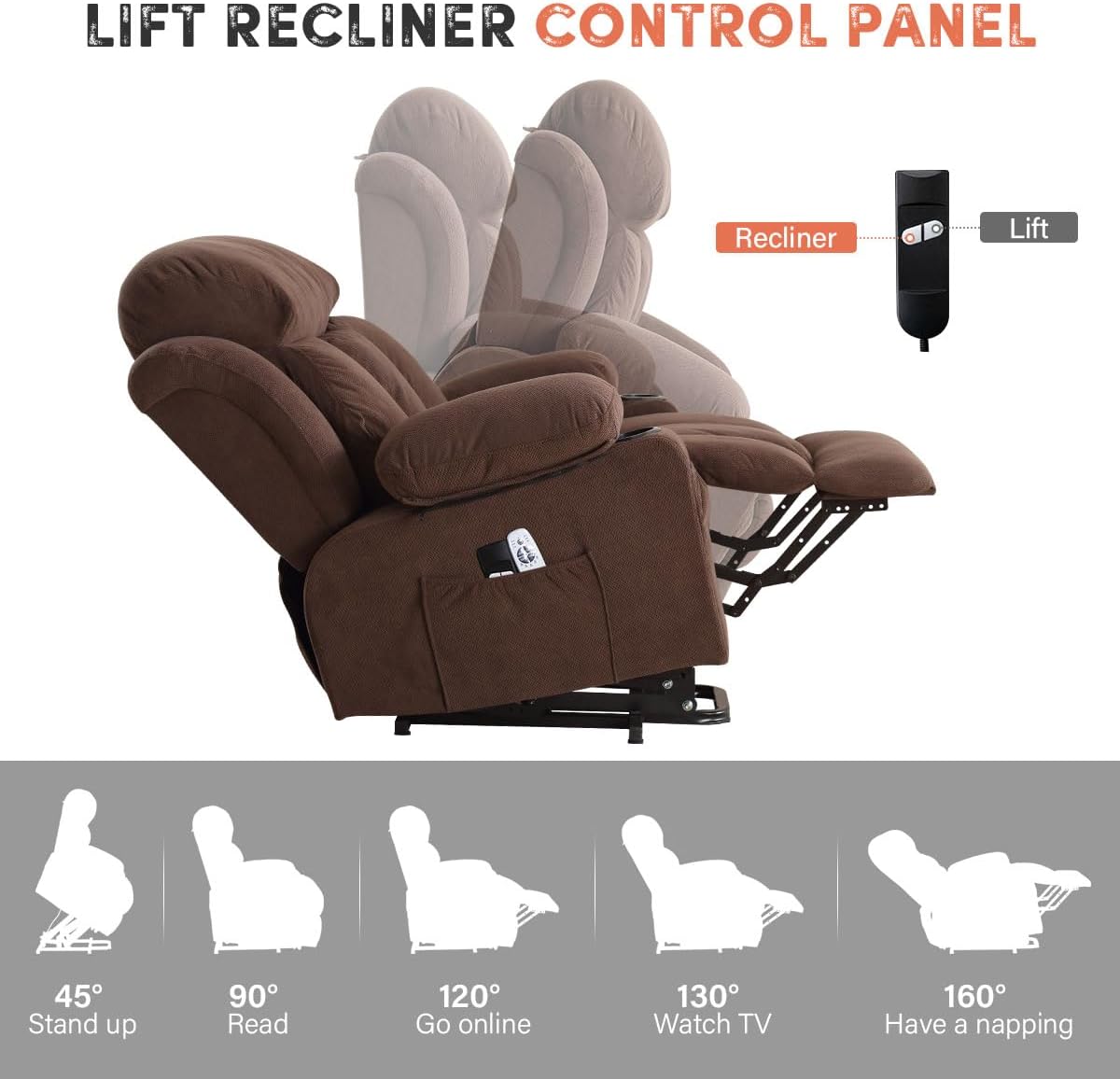 BOSMILLER Power Lift Recliner Chair with Massage and Heat for Elderly, Electric Recliner Single Sofa with Two Cup Holders, Extended Footrest, Side Pocket and USB Charge Port for Living Room