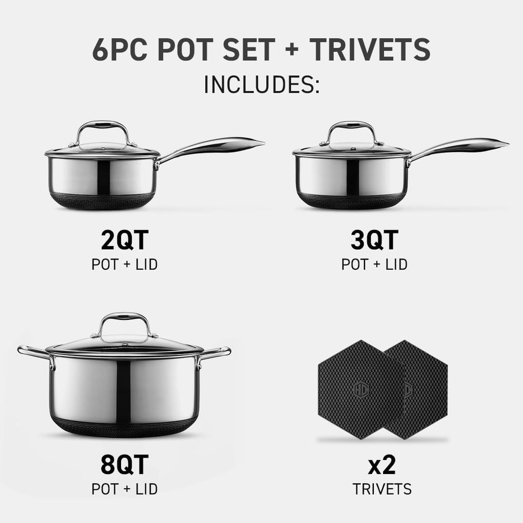 HexClad Hybrid Nonstick 6-Piece Pot Set with 2 Silicone Trivets, 2, 3, and 8-Quart Pots with Tempered Glass Lids, Stay-Cool Handles, Dishwasher-Friendly, Induction Ready, Compatible with All Cooktops