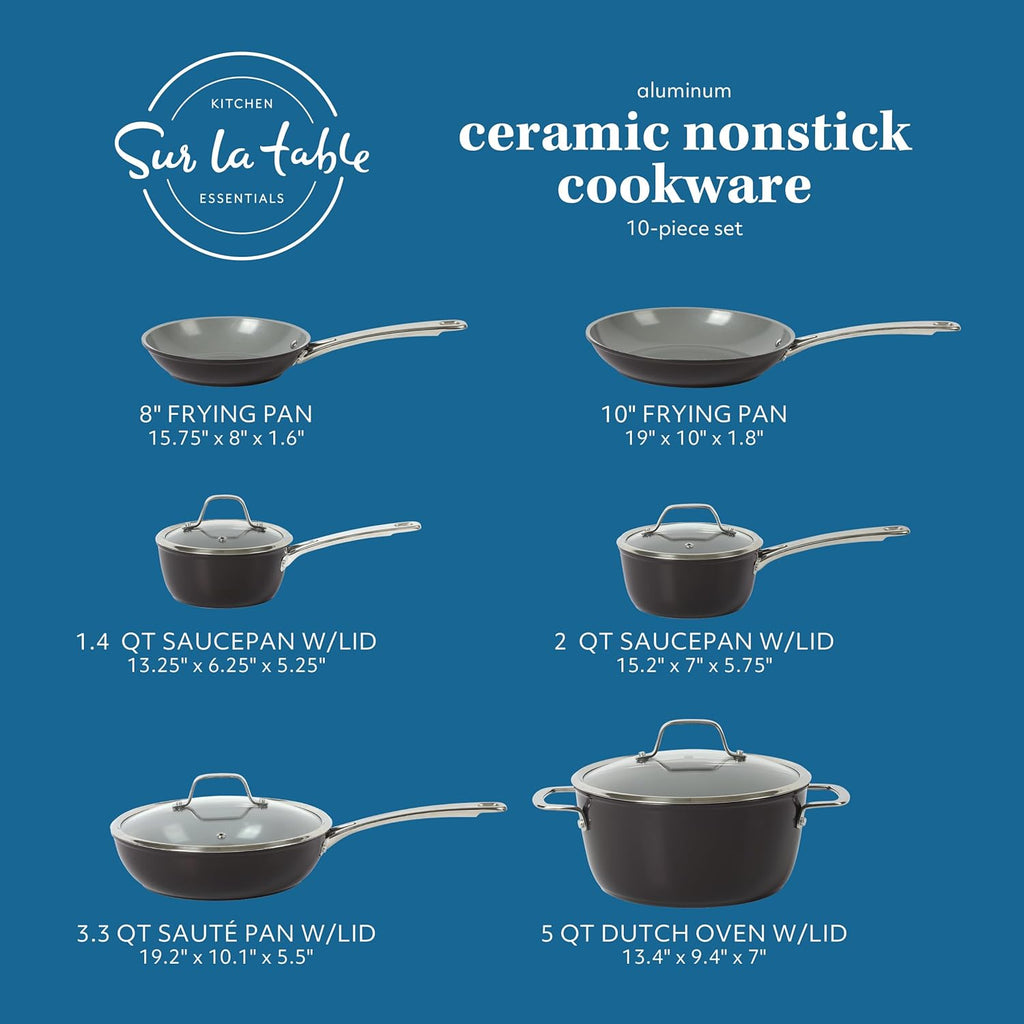 Sur La Table Kitchen Essentials 10 Piece PFA Free Titanium Ceramic Nonstick Interior Forged Aluminum Cookware Pots and Pans Set - Black - Induction Compatible