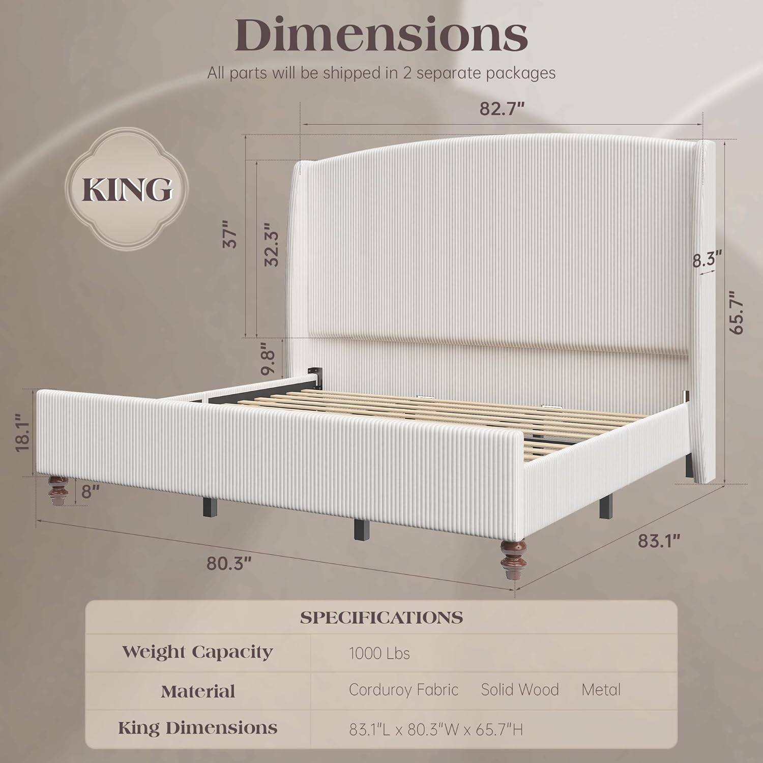 King Size Upholstered Bed Frame with 65.7" Tall Headboard Wingback, Soft Washable Corduroy Beds Cover, Solid Wood Legs, Noise-Free, No Box Spring Needed, Cream