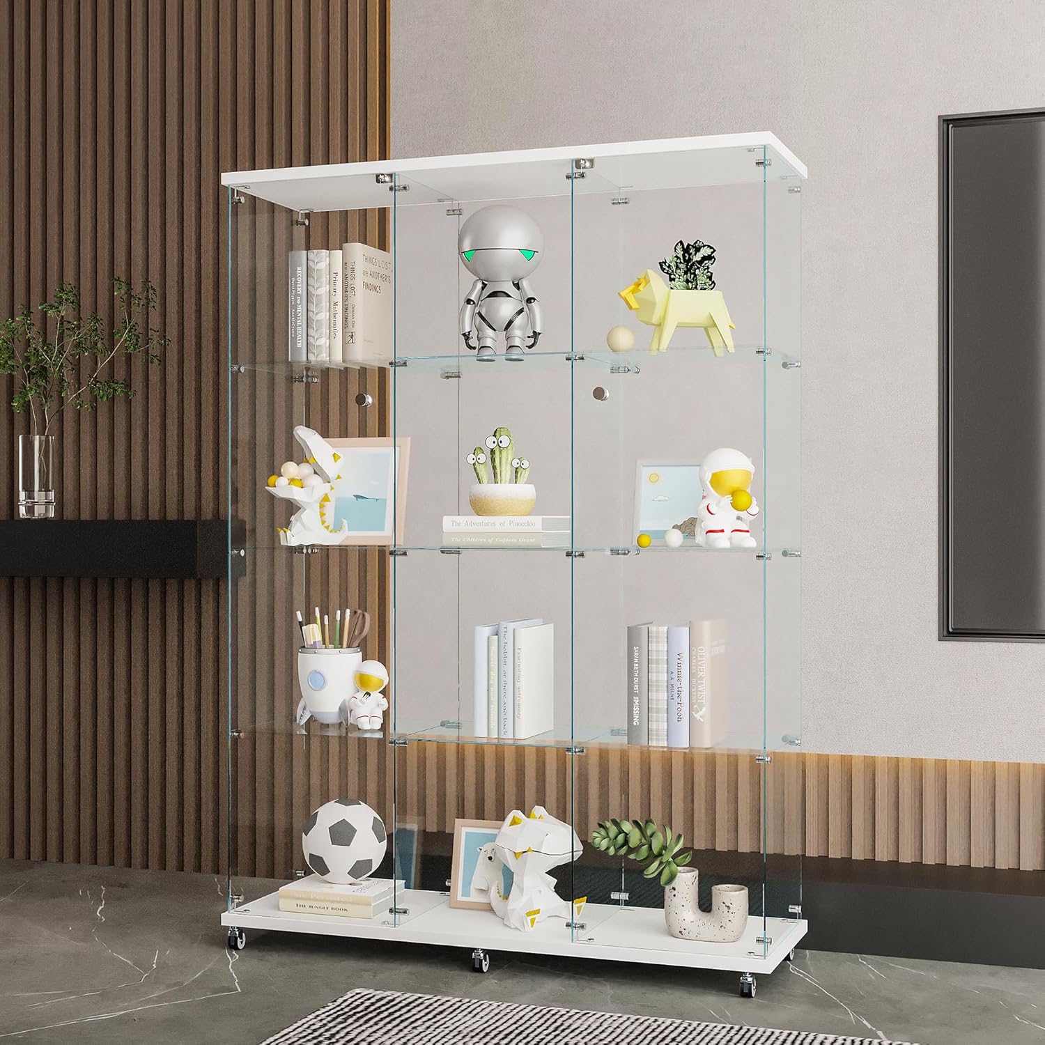 Frameless Glass Display Cabinet, Curio Cabinet Display Case with Locks and Hinged Doors, Quick-Install Floor Standing Large Showcase Display Shelf for Collectibles, Legos, Figures, Plants